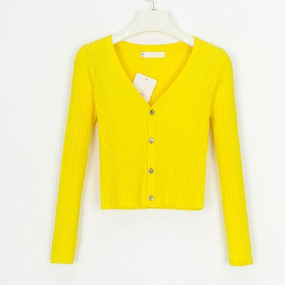 Bright yellow Ribbed Crop Cardigan with a V-neck and button closure for a stylish look