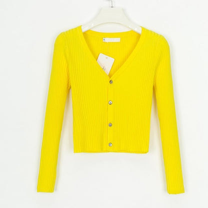 Bright yellow Ribbed Crop Cardigan with a V-neck and button closure for a stylish look
