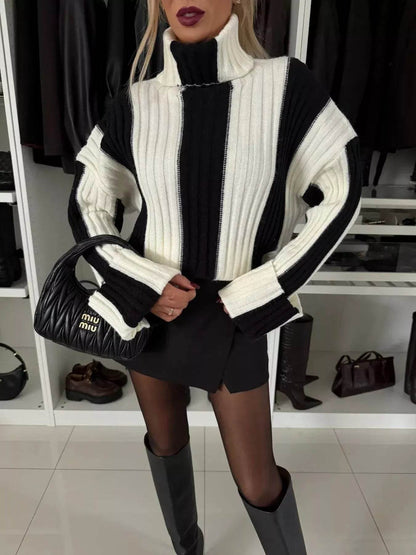 Trendsi Ribbed Turtleneck Sweater in Black and White Stripes for a Stylish Fall Look