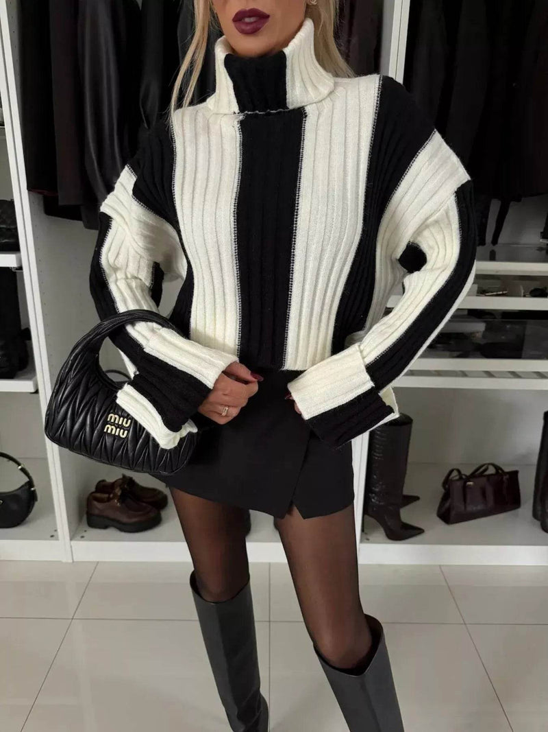 Trendsi Ribbed Turtleneck Sweater in Black and White Stripes for a Stylish Fall Look
