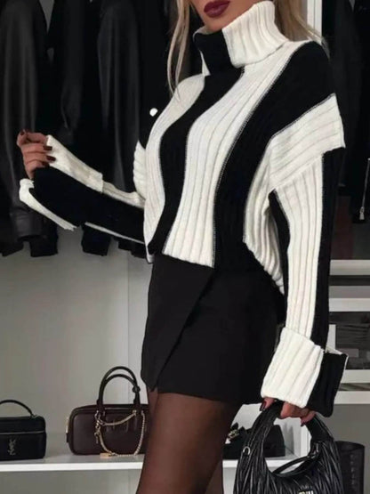 Trendsi Ribbed Turtleneck Sweater in Black and White Colorblock Style, Perfect for Fashion-Forward Outfits