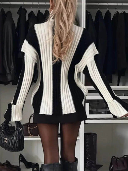 Trendsi Ribbed Turtleneck Sweater in Black and White, featuring a stylish oversized fit and cozy texture