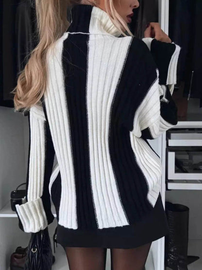 Trendsi Ribbed Turtleneck Sweater in black and white stripes with a loose fit for stylish layering