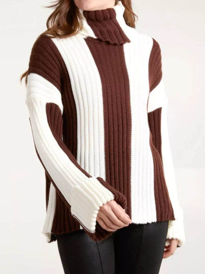 Trendsi Ribbed Turtleneck Sweater in Brown and White with Cozy Long Sleeves
