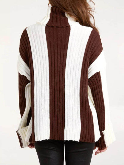 Trendy Ribbed Turtleneck Sweater in Brown and White Stripes with a Cozy Fit