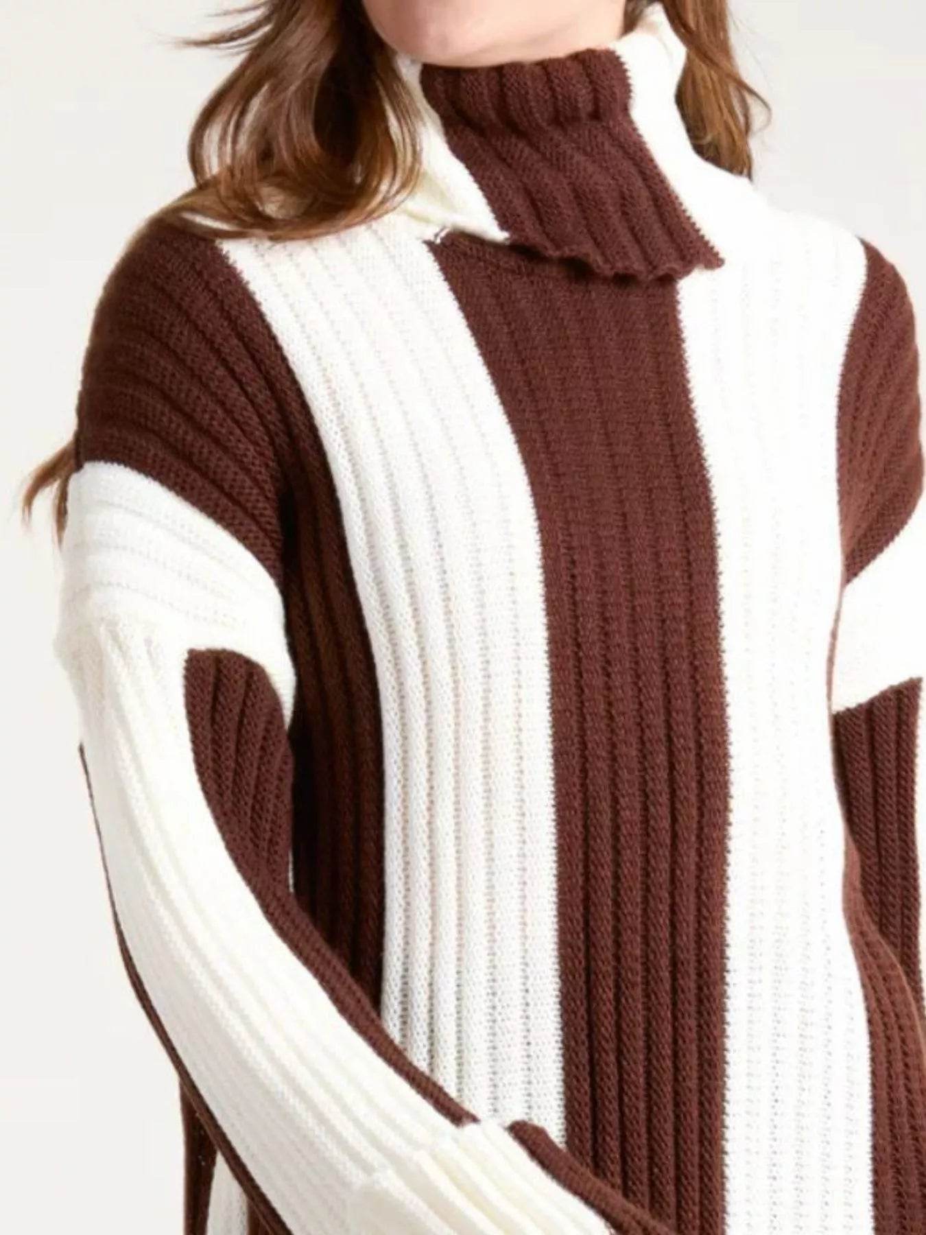 Trendsi Ribbed Turtleneck Sweater in brown and white with a stylish striped design