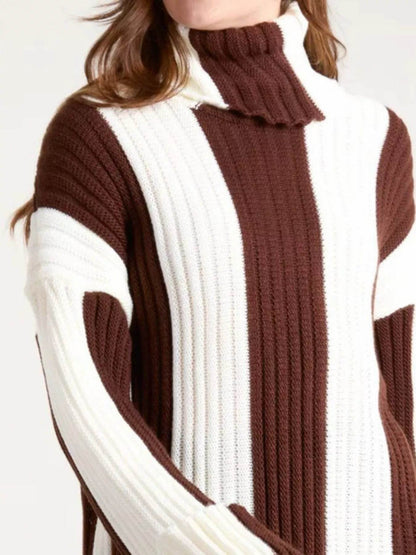Trendsi Ribbed Turtleneck Sweater in brown and white with a stylish striped design