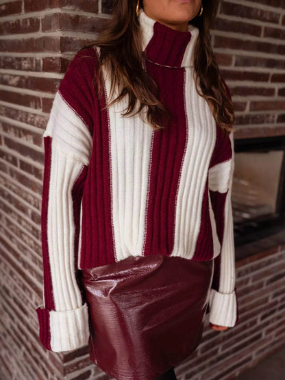 Trendsi Ribbed Turtleneck Sweater in maroon and white stripes, paired with a stylish faux leather skirt