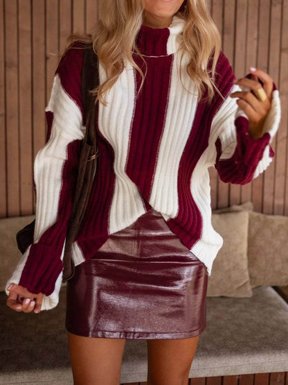 Ribbed Turtleneck Sweater in burgundy and white with stylish design, paired with a shiny mini skirt