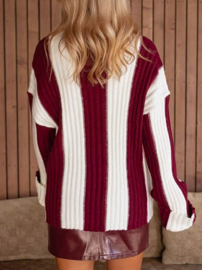 Trendsi Ribbed Turtleneck Sweater with Bold Stripes in Burgundy and White for a Cozy Look