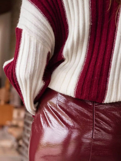 Trendsi Ribbed Turtleneck Sweater in Burgundy and Cream Stripes for Stylish Fall Looks