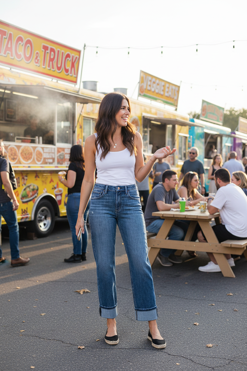 RISEN Slouchy Straight Jeans - 4-Way Stretch Cuffed Hem - Fashions Envy