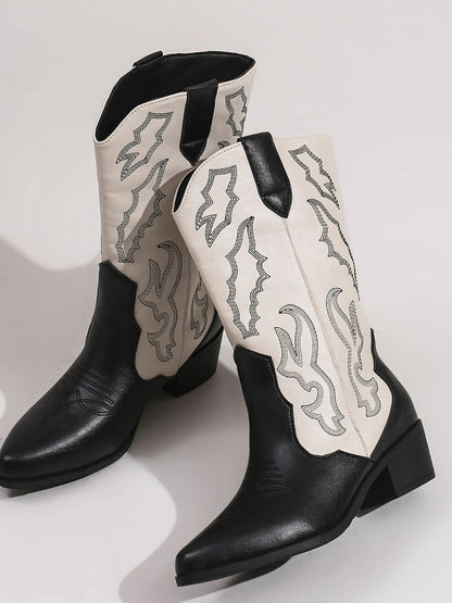 Classic Western Boots two tone black and cream leather mid calf cowboy boots with stitched decorative pattern