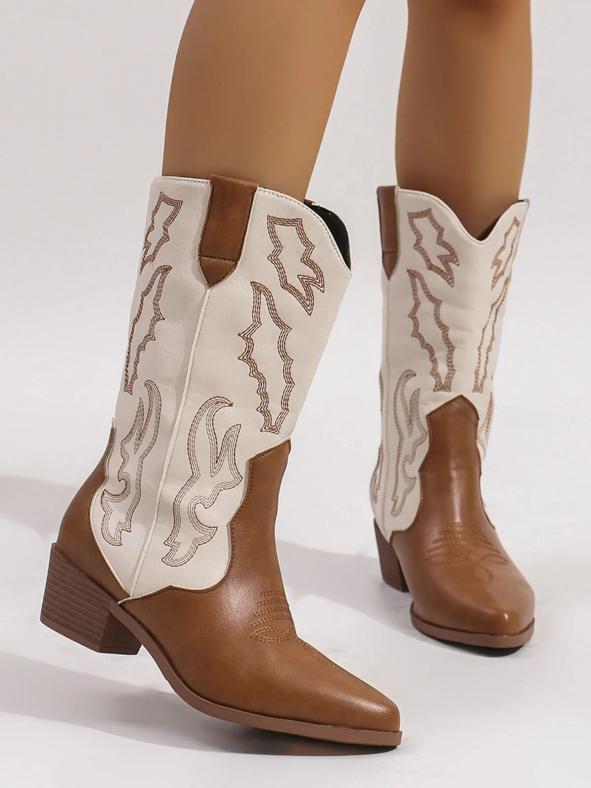 Trendsi Classic Western Boots two tone tan and cream mid calf embroidered leather cowboy boots with stacked heel