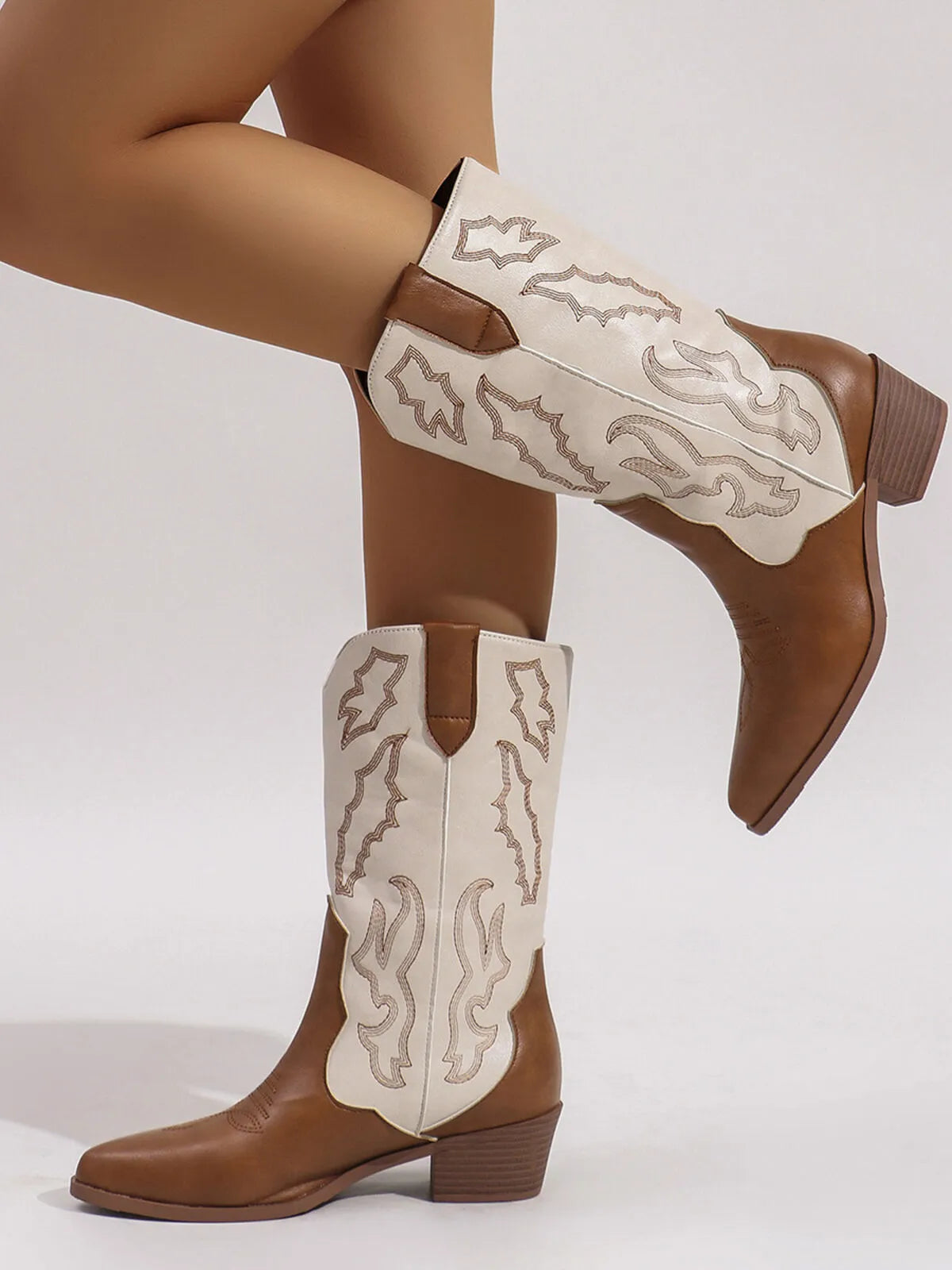 Classic Western Boots two tone brown and cream embroidered mid calf cowboy boots with low stacked heel for women