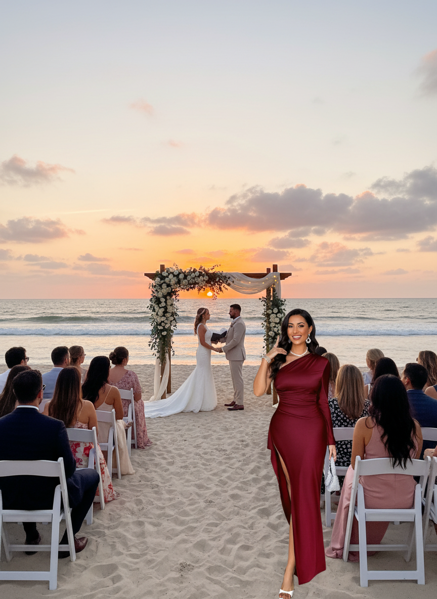 Romantic beachside wedding scene with split one shoulder maxi dress