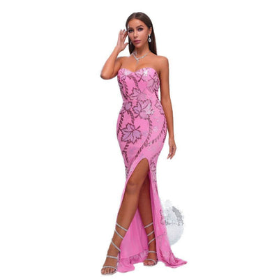 Elegant pink strapless gown with floral design and side slit, perfect for a Romantic Fishtail Wedding Dress