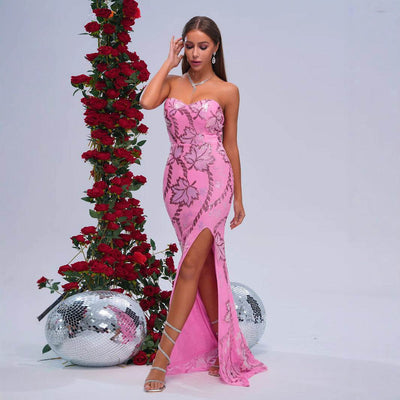 Stunning pink Romantic Fishtail Wedding Dress with floral designs and a thigh-high slit