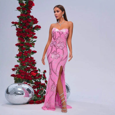 Elegant pink Romantic Fishtail Wedding Dress with floral embellishments and a glamorous thigh-high slit