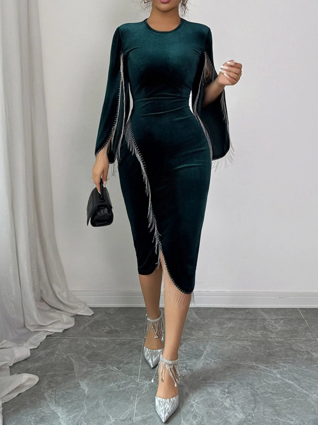Trendsi Round Neck Midi Dress in green velvet with fringe details and long sleeves
