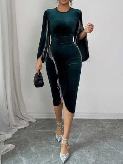 Trendsi Round Neck Midi Dress in green velvet with fringe details and long sleeves