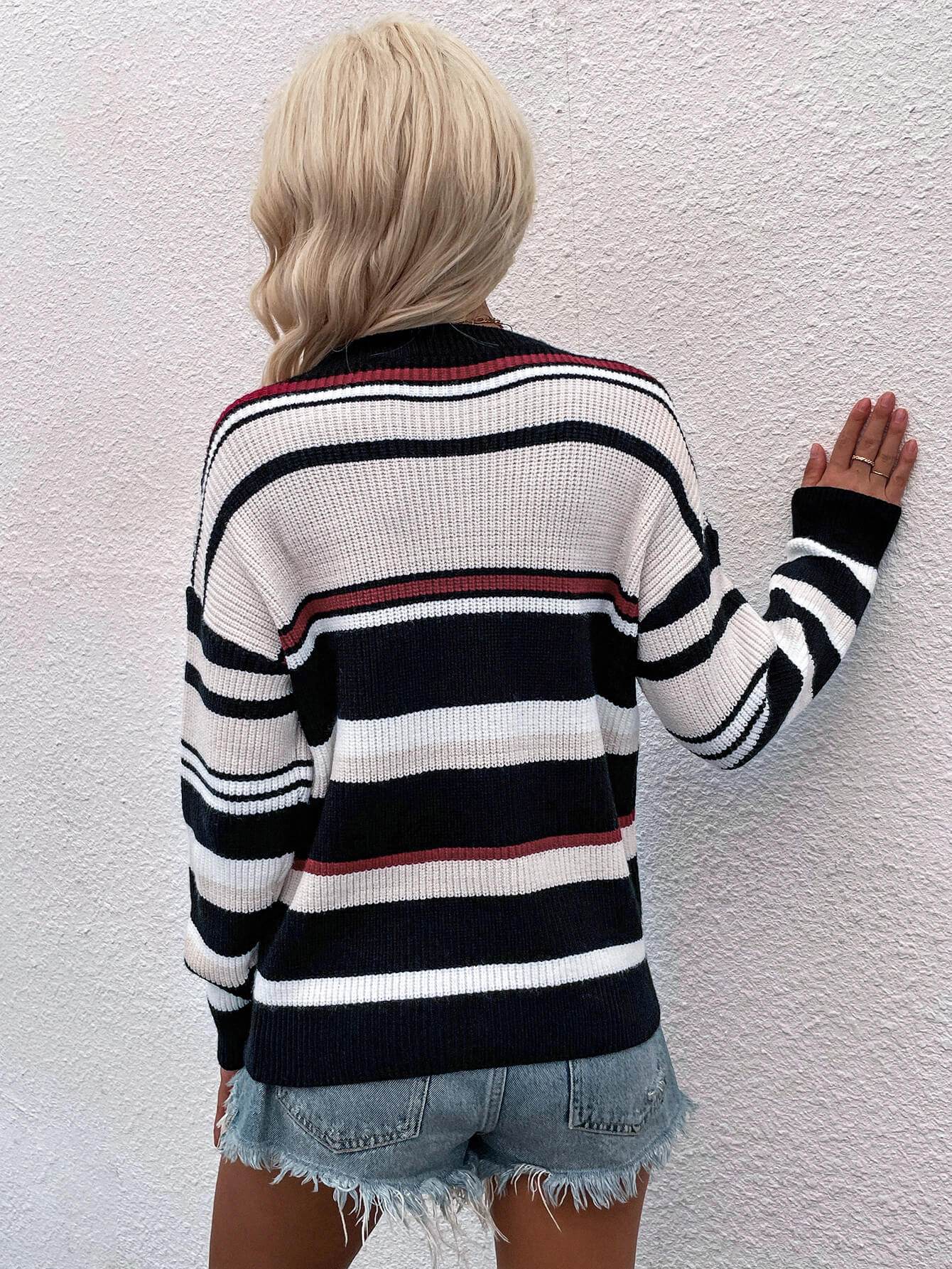 Striped Drop Shoulder Round Neck Pullover Sweater - Fashions Envy