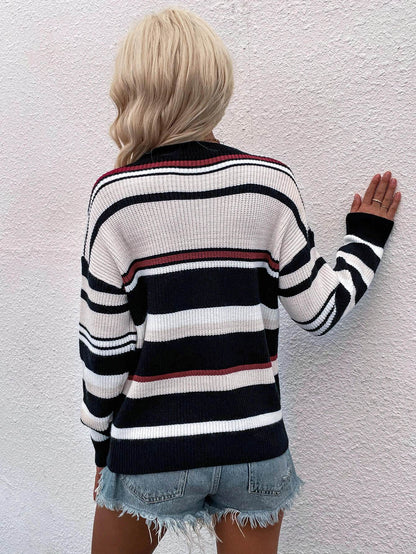 Striped Drop Shoulder Round Neck Pullover Sweater - Fashions Envy