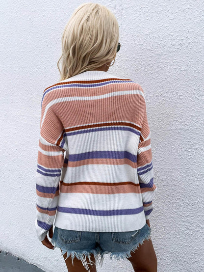 Striped Drop Shoulder Round Neck Pullover Sweater - Fashions Envy