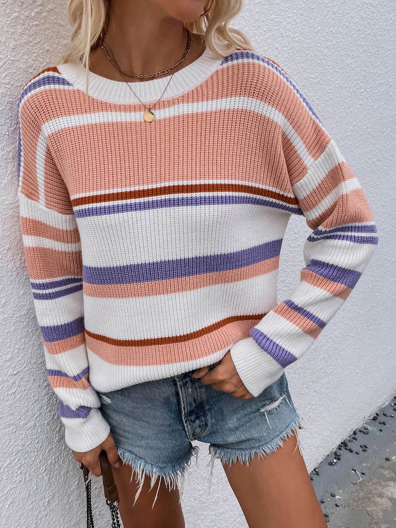 Striped Drop Shoulder Round Neck Pullover Sweater - Fashions Envy