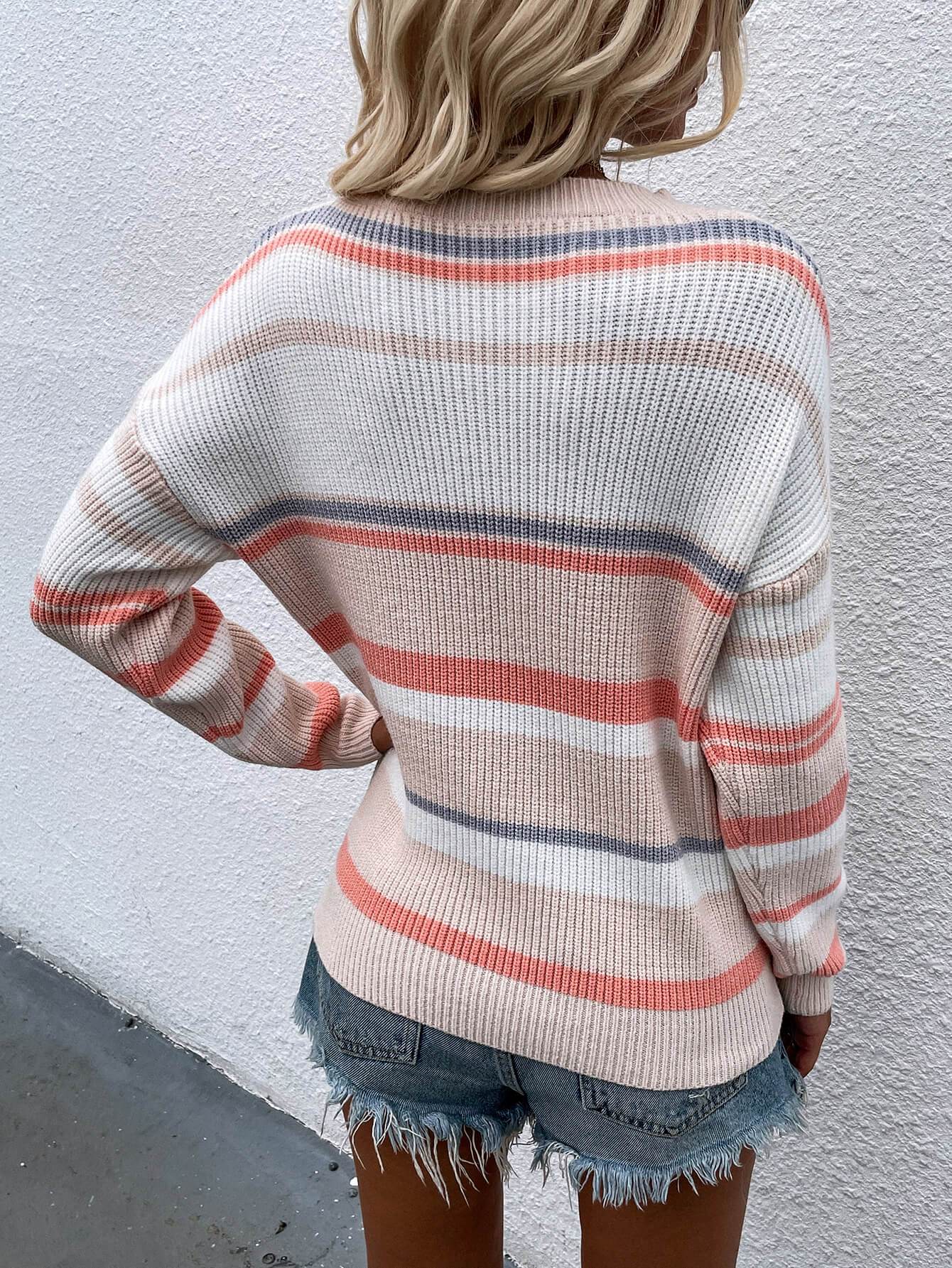 Striped Drop Shoulder Round Neck Pullover Sweater - Fashions Envy
