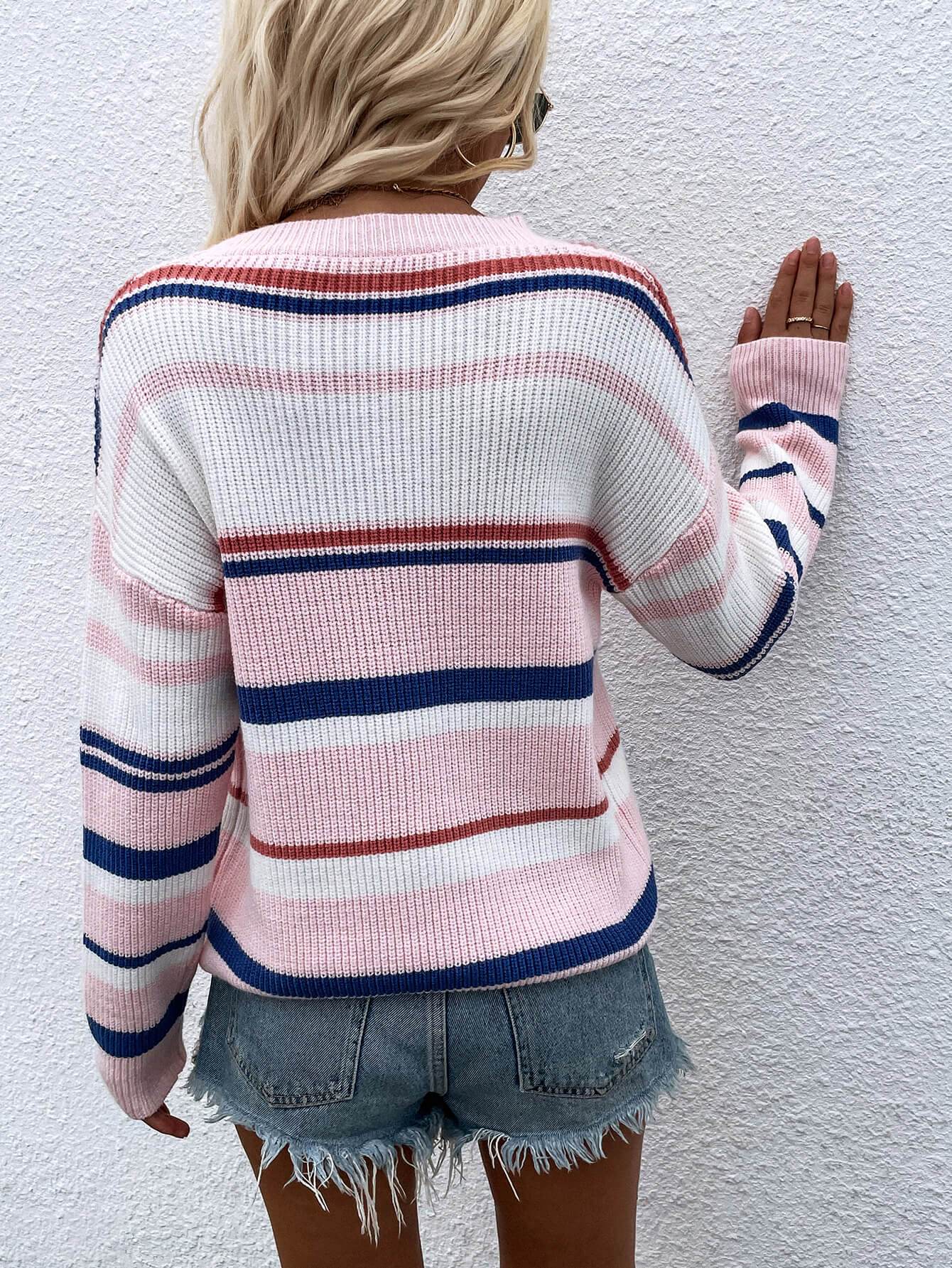 Striped Drop Shoulder Round Neck Pullover Sweater - Fashions Envy