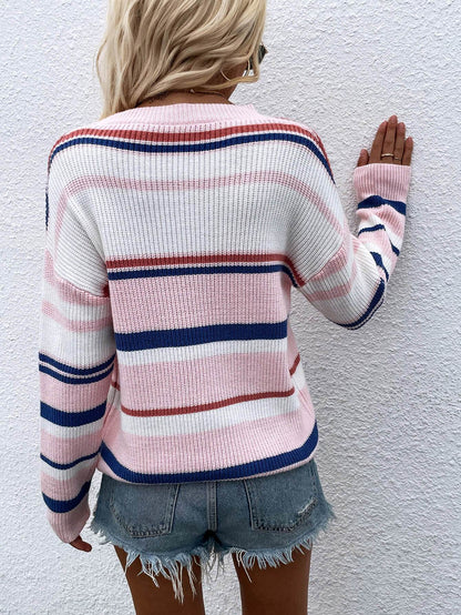 Striped Drop Shoulder Round Neck Pullover Sweater - Fashions Envy