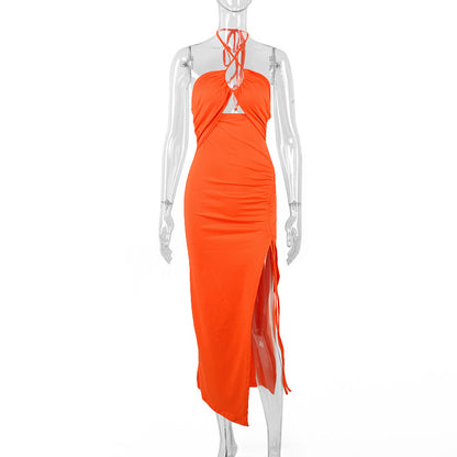 Trendsi orange Ruched Cutout Cross Halter Maxi Dress with side slit and halter neck style