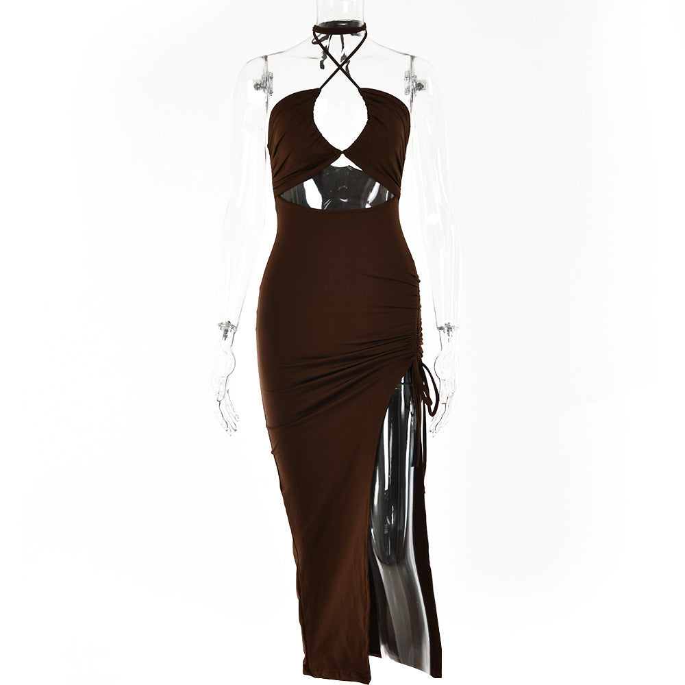 Trendsi brown Ruched Cutout Cross Halter Maxi Dress with side slit and adjustable tie detail