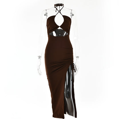 Trendsi brown Ruched Cutout Cross Halter Maxi Dress with side slit and adjustable tie detail