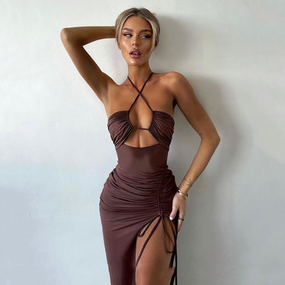 Trendsi Ruched Cutout Cross Halter Maxi Dress in brown with adjustable side ruching and open chest design