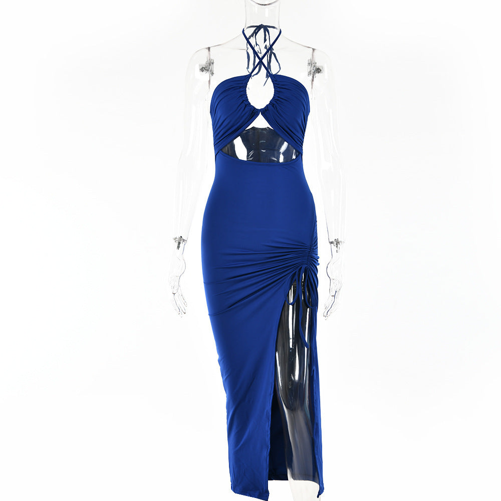 Trendsi blue Ruched Cutout Cross Halter Maxi Dress with side slit and adjustable ruching