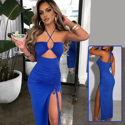 Trendsi Ruched Cutout Cross Halter Maxi Dress in blue with side slit and adjustable ruching details