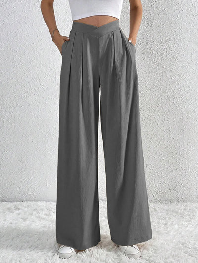 Trendsi Ruched Pants in gray with wide legs and side pockets for a stylish look