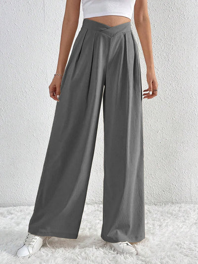 Trendsi Ruched Pants in Grey with a high-waisted design and wide-leg silhouette