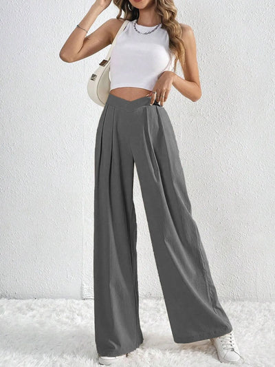 Trendsi Ruched Pants in gray with wide-leg design, styled with a crop top for a trendy look