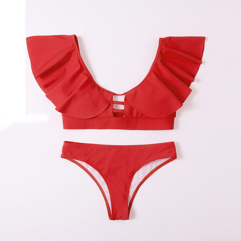 Trendsi Ruffle Solid Tie Red Bikini with ruffled shoulder straps and matching red bikini bottoms