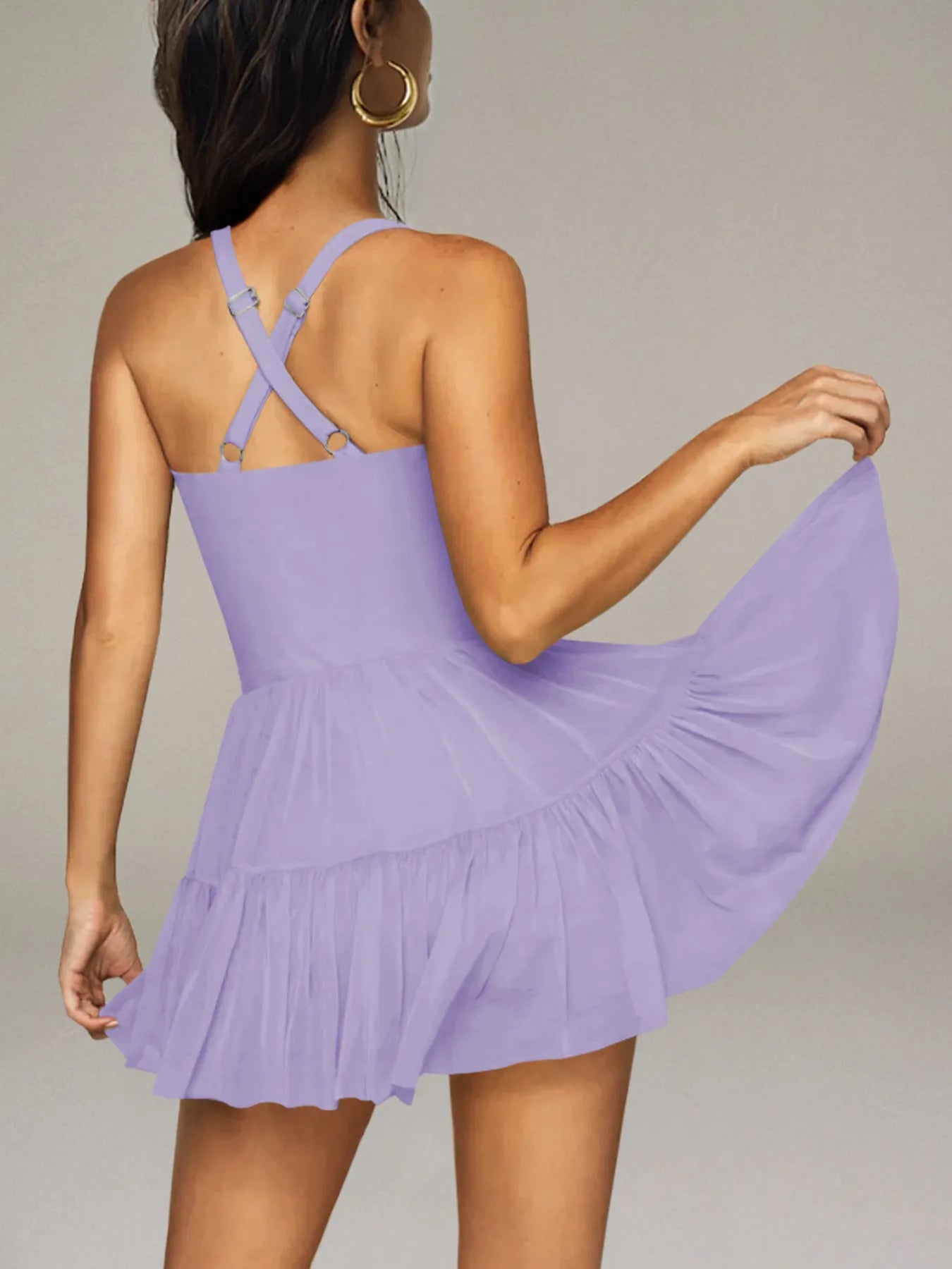 Trendsi Ruffle Swim Dress in lavender with cross-back straps and flared skirt