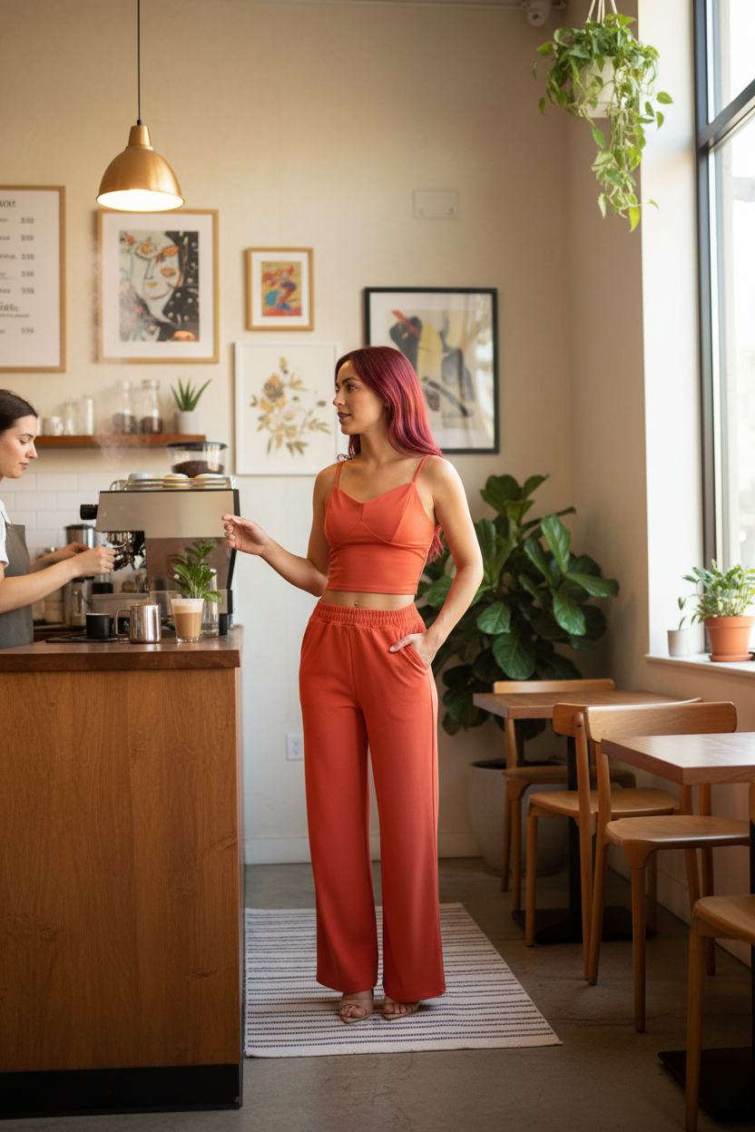 Rust Wide Leg Pants Set Coffee Shop