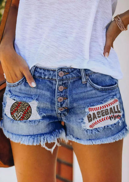 Button-breasted Printed Patch Denim Shorts with Ripped Fringe