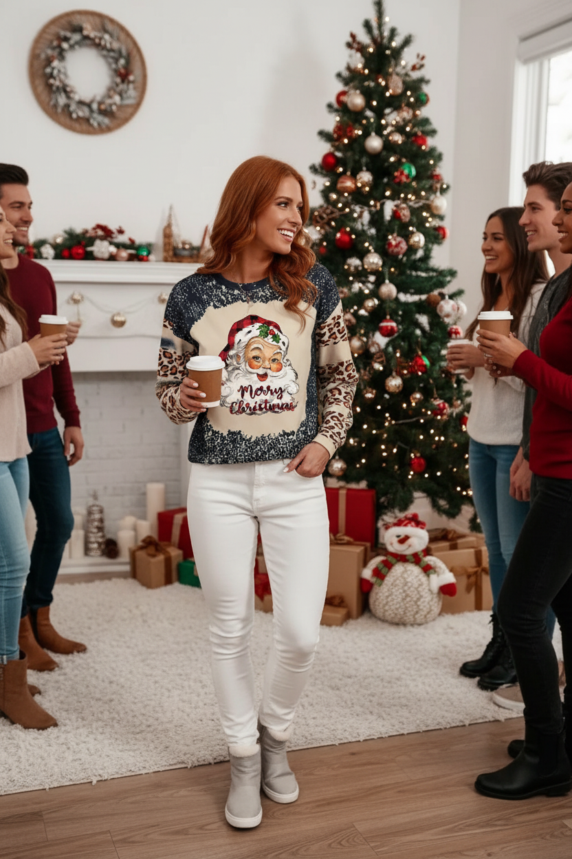 Santa Graphic Leopard Dropped Shoulder Sweatshirt Lifestyle