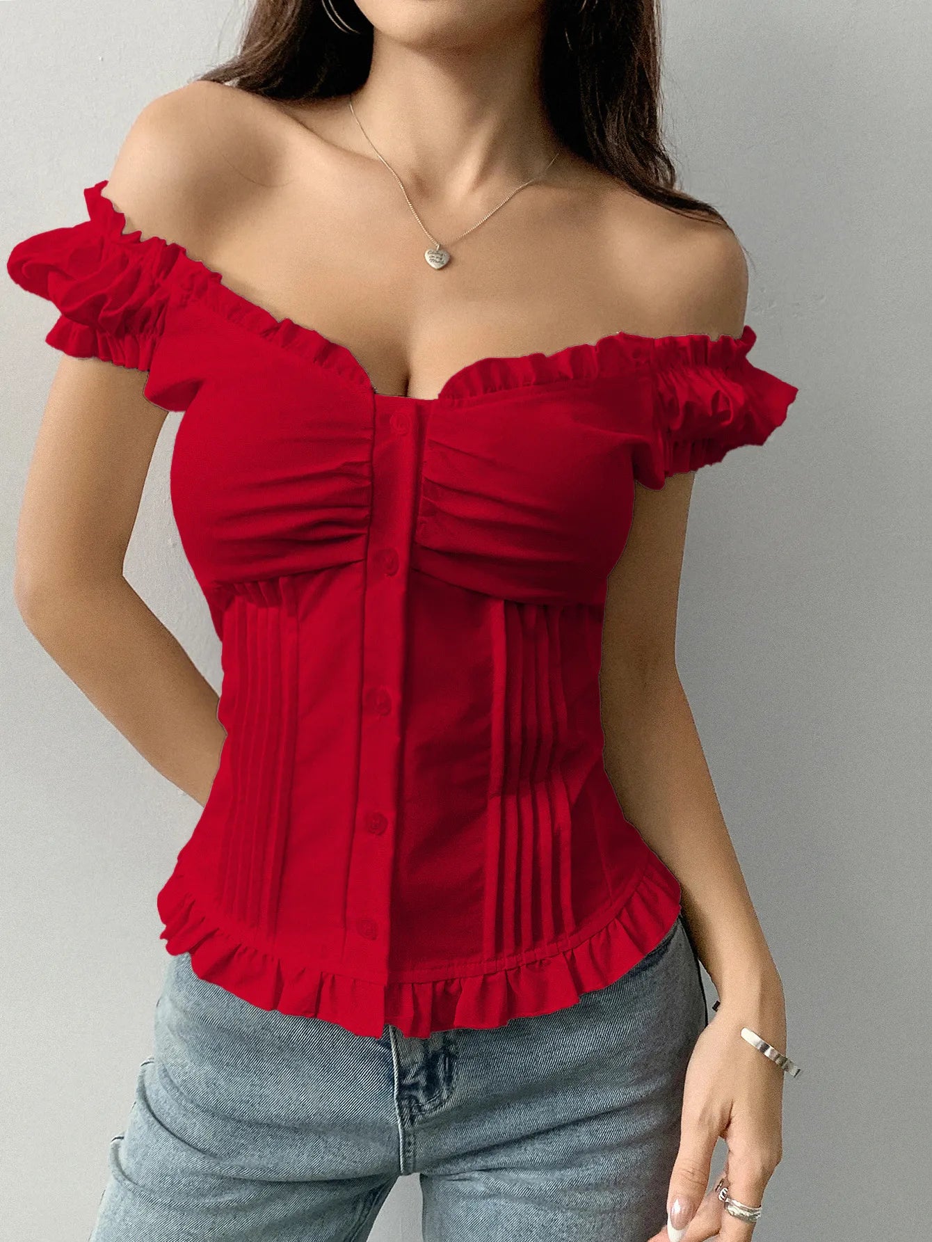 Trendsi Scarlet Red Frill Ruched off-shoulder top with button front and ruffle details