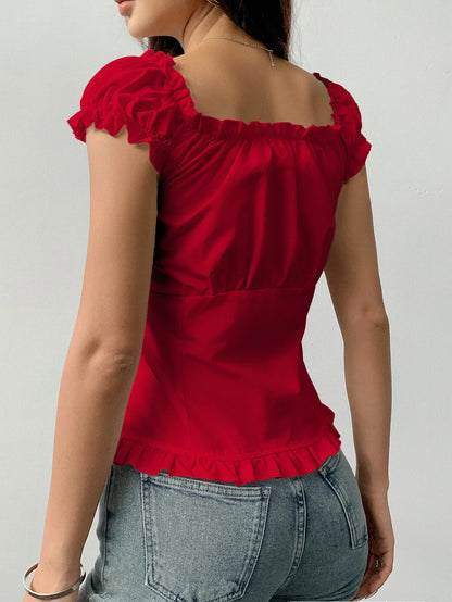 Trendsi Scarlet Red Frill Ruched top with puff sleeves and ruffle hem worn with denim jeans