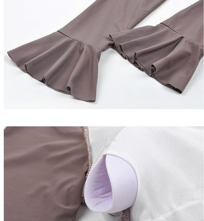 Trendsi Bikini Swim Set close up of mauve ruffled sleeve hem and removable padded cup with white mesh lining