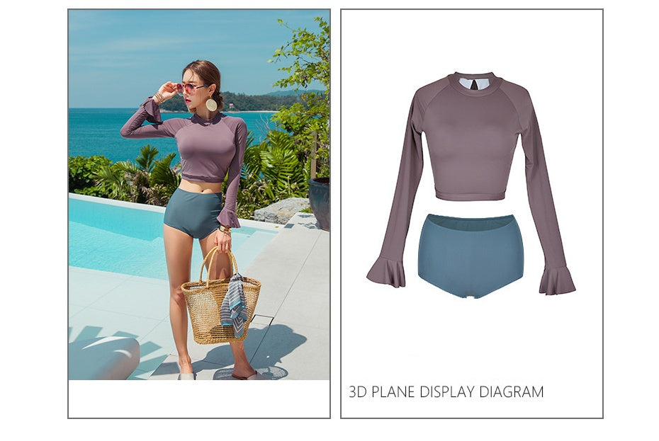 Trendsi Bikini Swim Set long sleeve crop rash guard with high waist bottoms shown poolside and flat lay